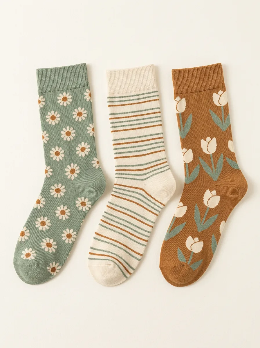 Daisy Tulip Striped Three Pair Sock Set