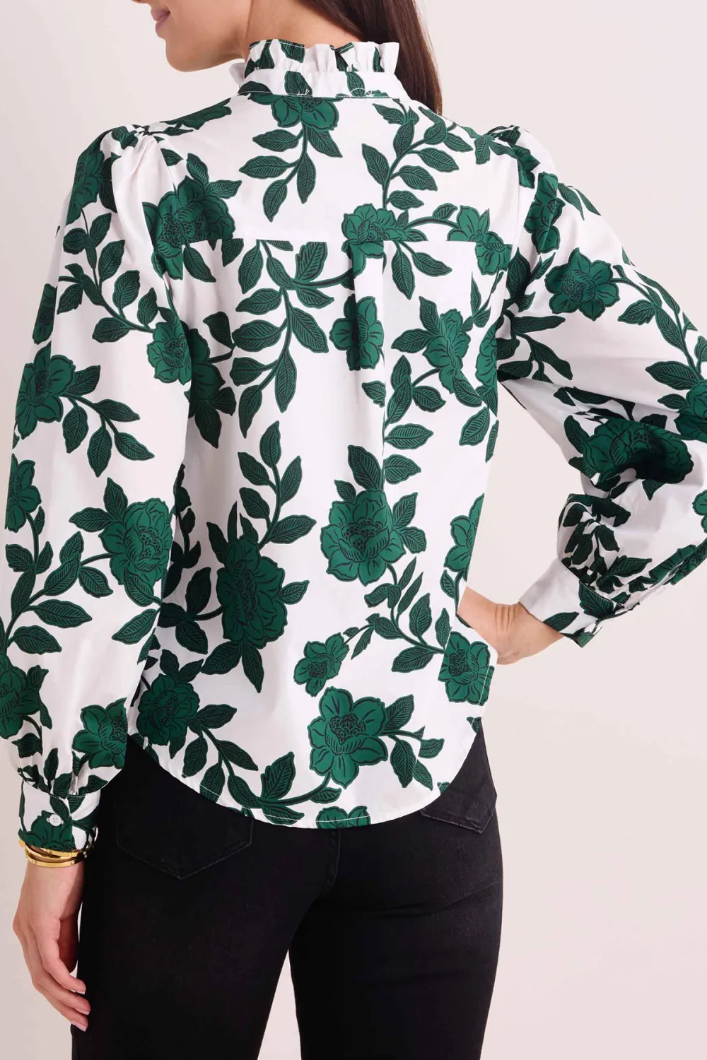 Green Floral Print Stand Collar Button-Front Shirt