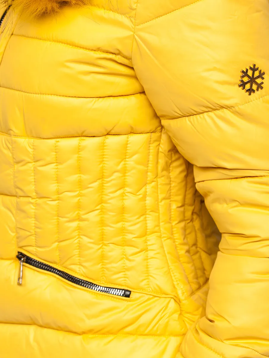Women's yellow quilted winter jacket with hood