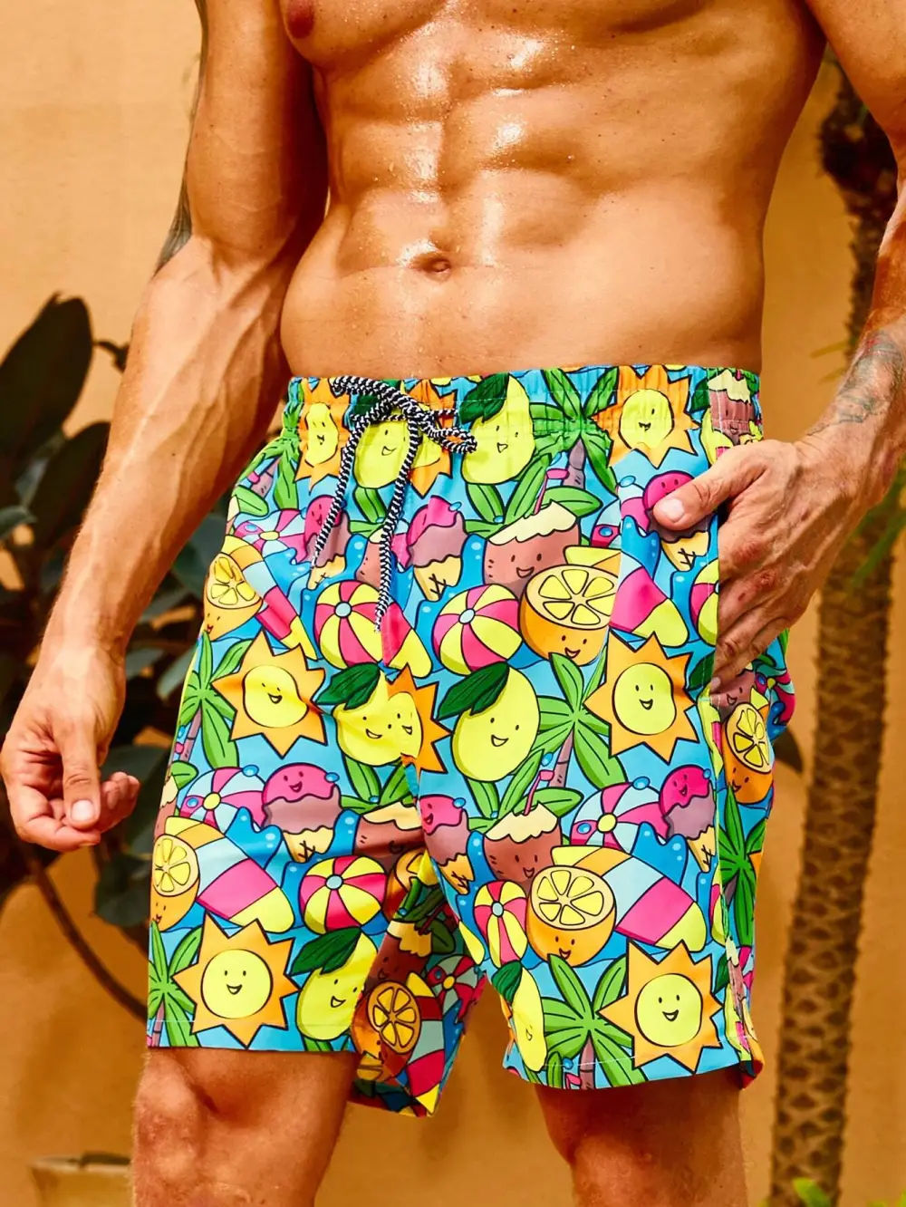 Men's Pocket Fruit Print Drawstring Swim Trunks