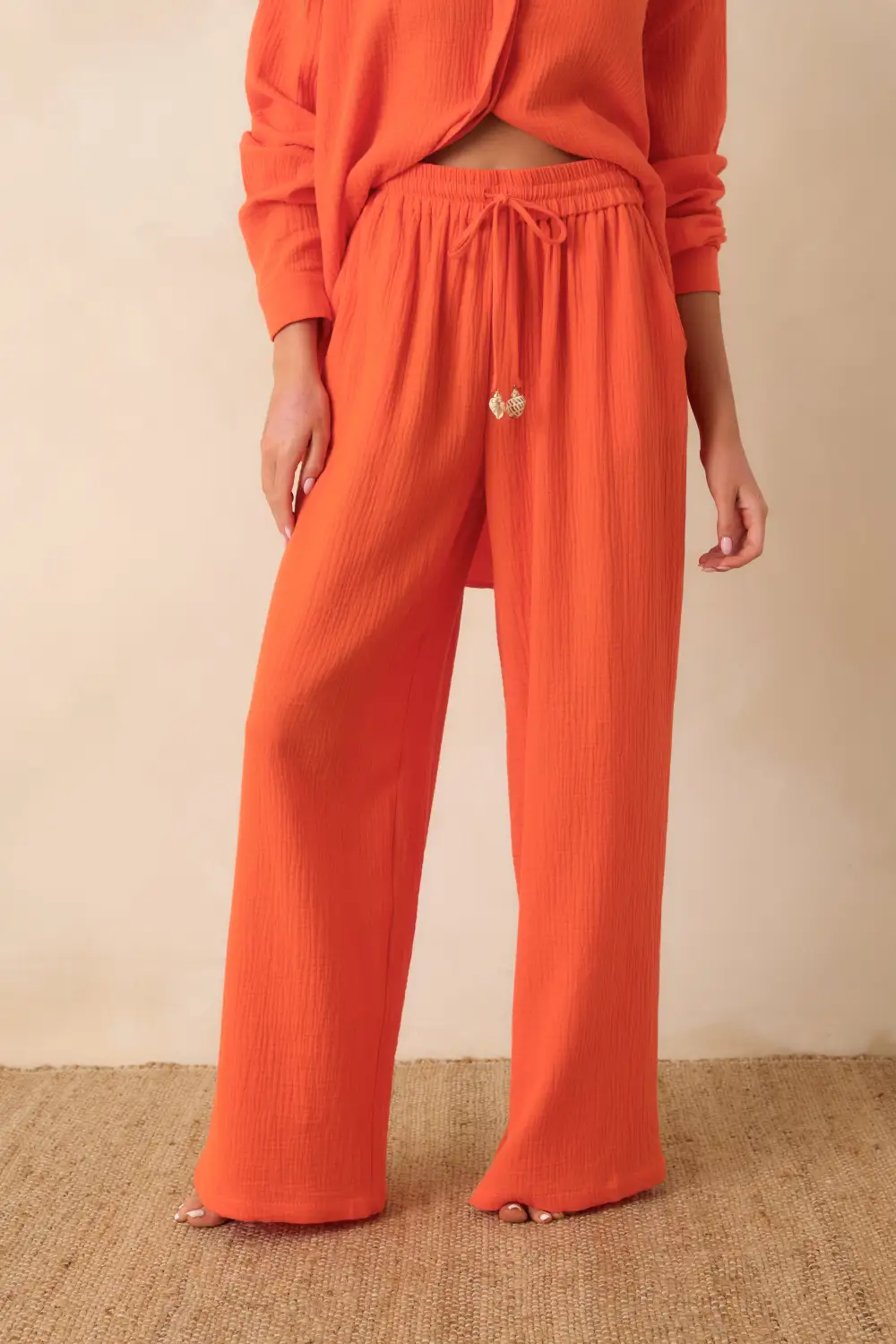 Orange Textured Wide Leg Drawstring Pants