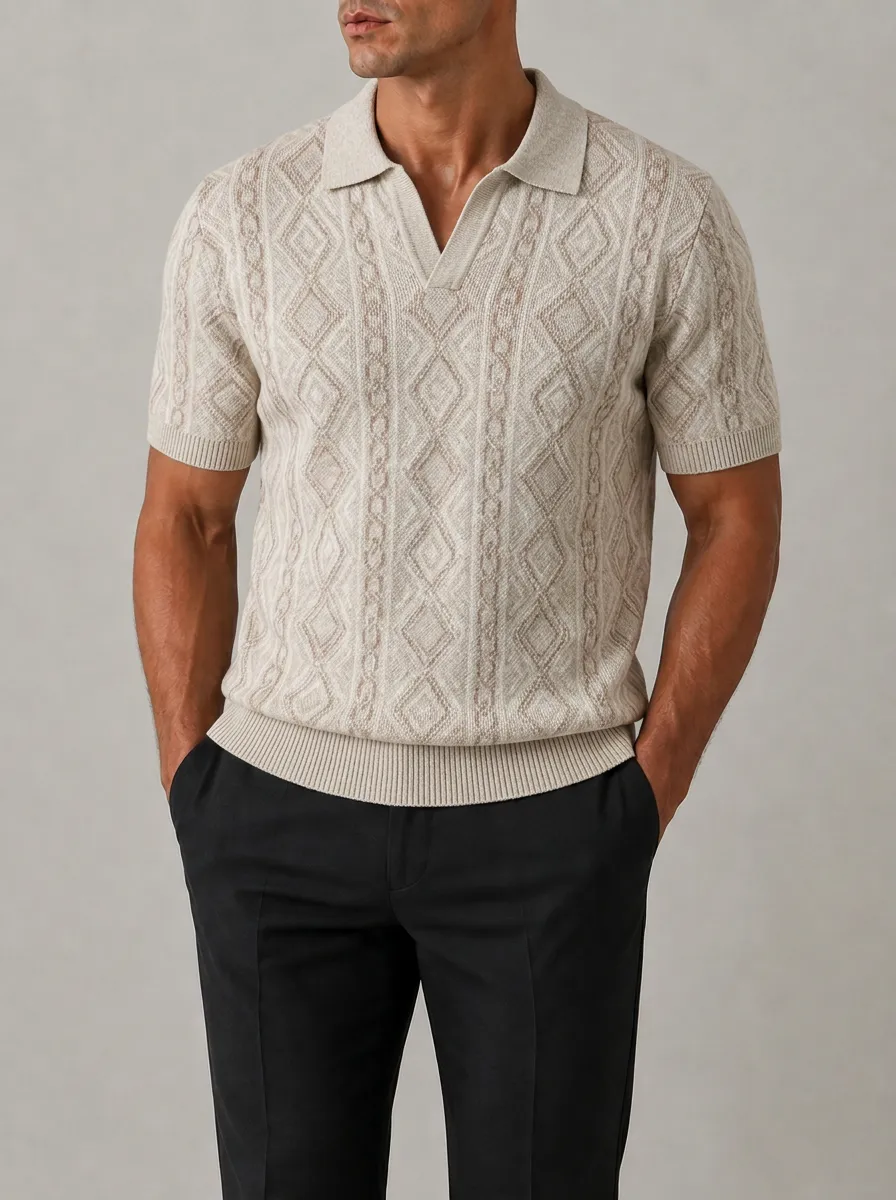 Men's Vintage Diamond Pattern Knitted Polo Shirt