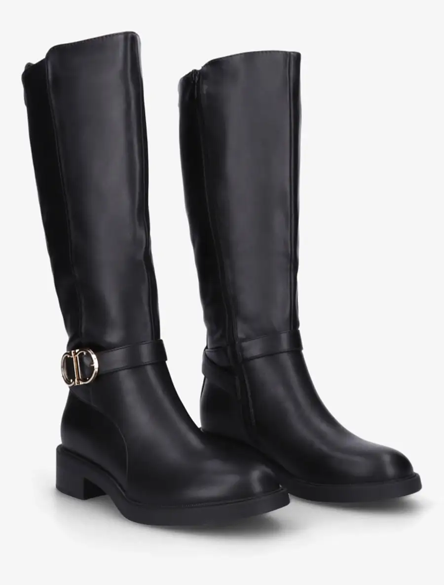 Refined Buckle Detail Block Heel Metal Detail Faux Leather Knee High Boots