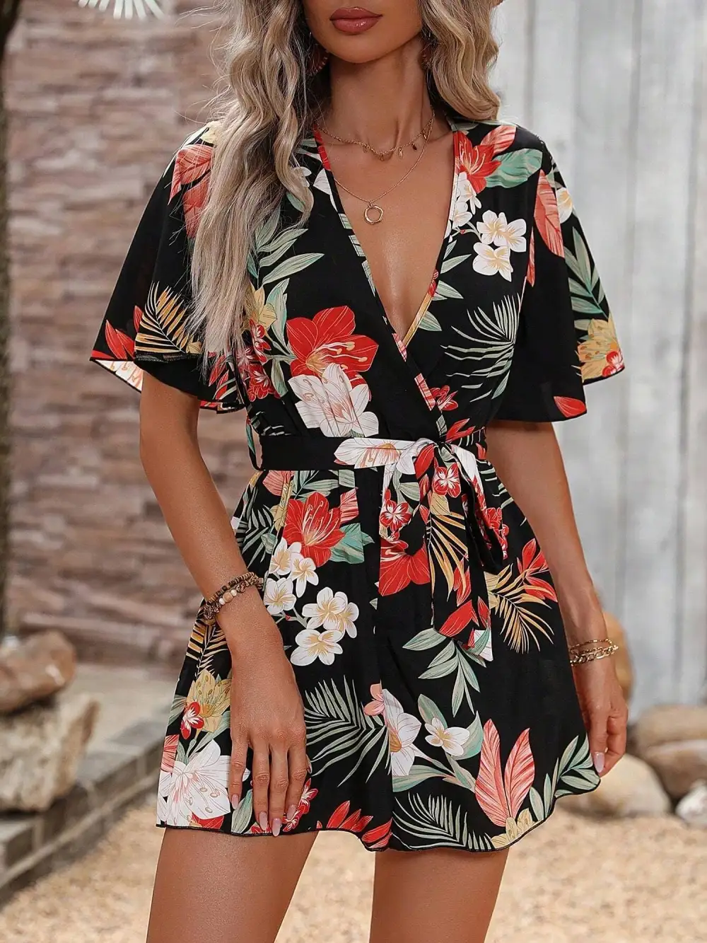 Floral Short-Sleeve V-Neck Tie-Waist Beach Romper