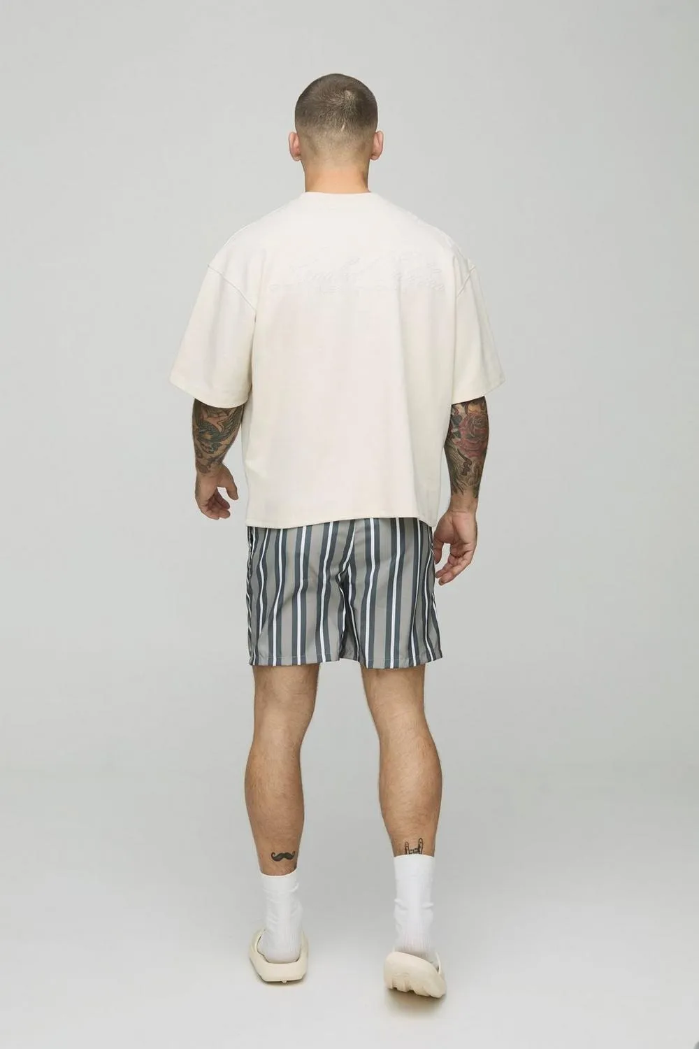 Charcoal Regular Mid Length Stripe Swim Trunks