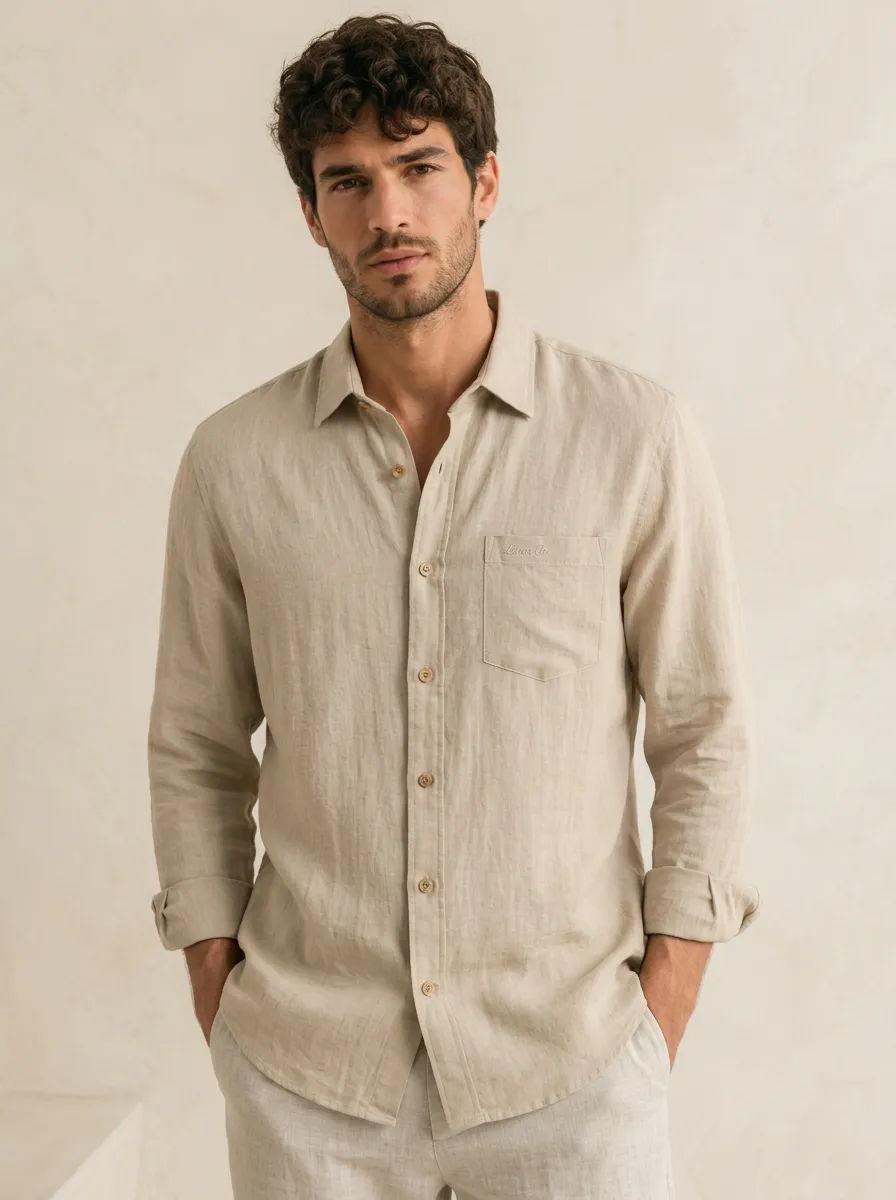Men's Minimalist Beige Linen Embroidered Pocket Shirt