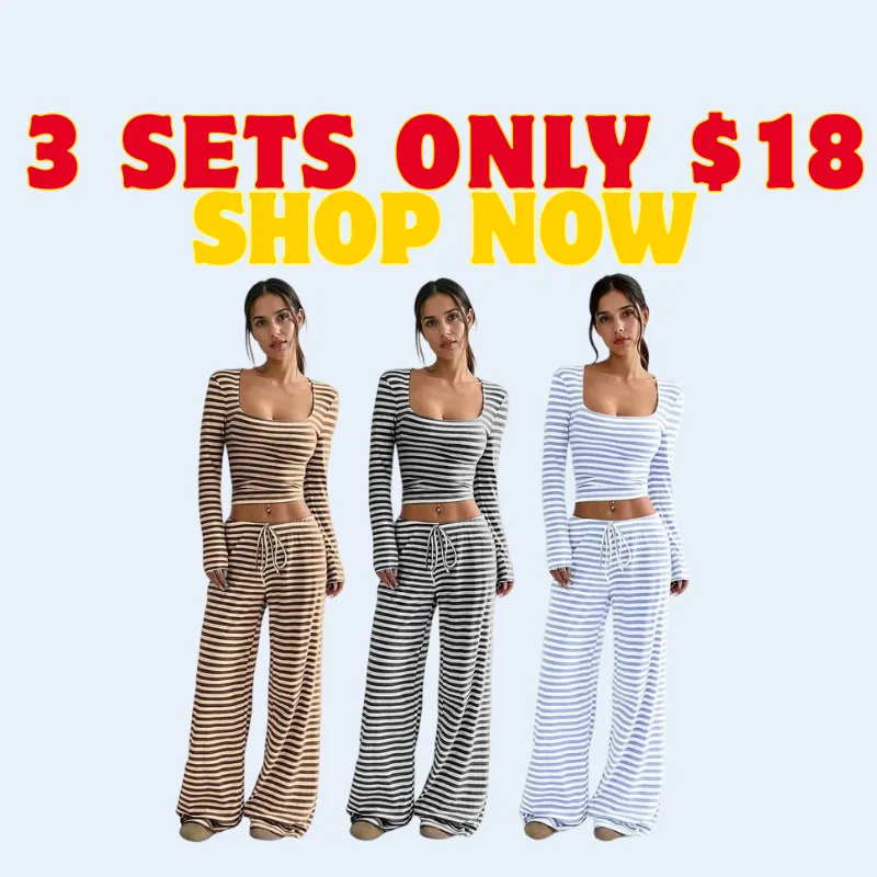 Women's Slouchy Square Neck Stripe Long Sleeve Crop Top & Low-Rise Wide Leg Trousers Co-ord, Minimalist Two Piece Outfits