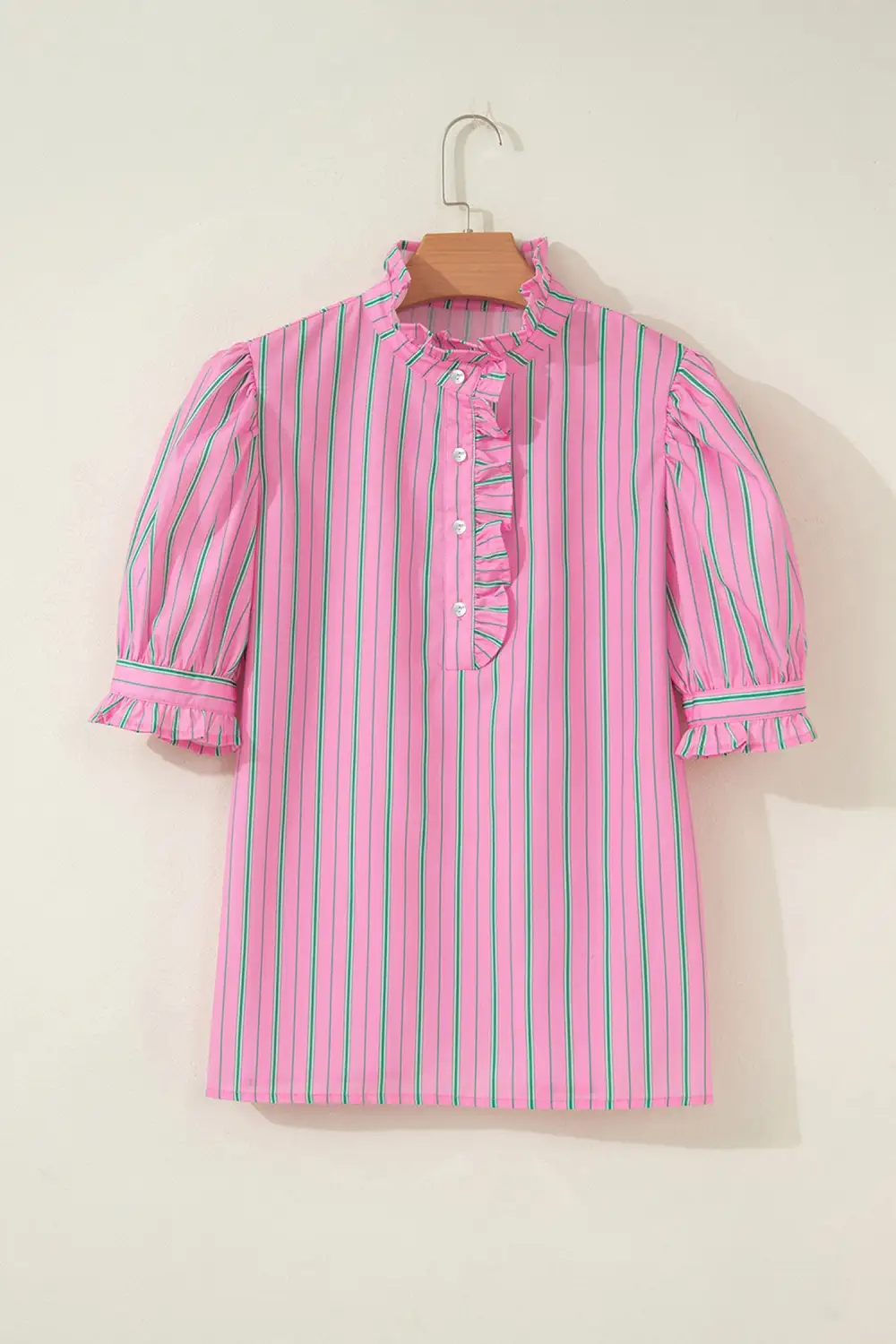 Pink Stripe Ruffle Trim Half Button Short Puff Sleeve Blouse