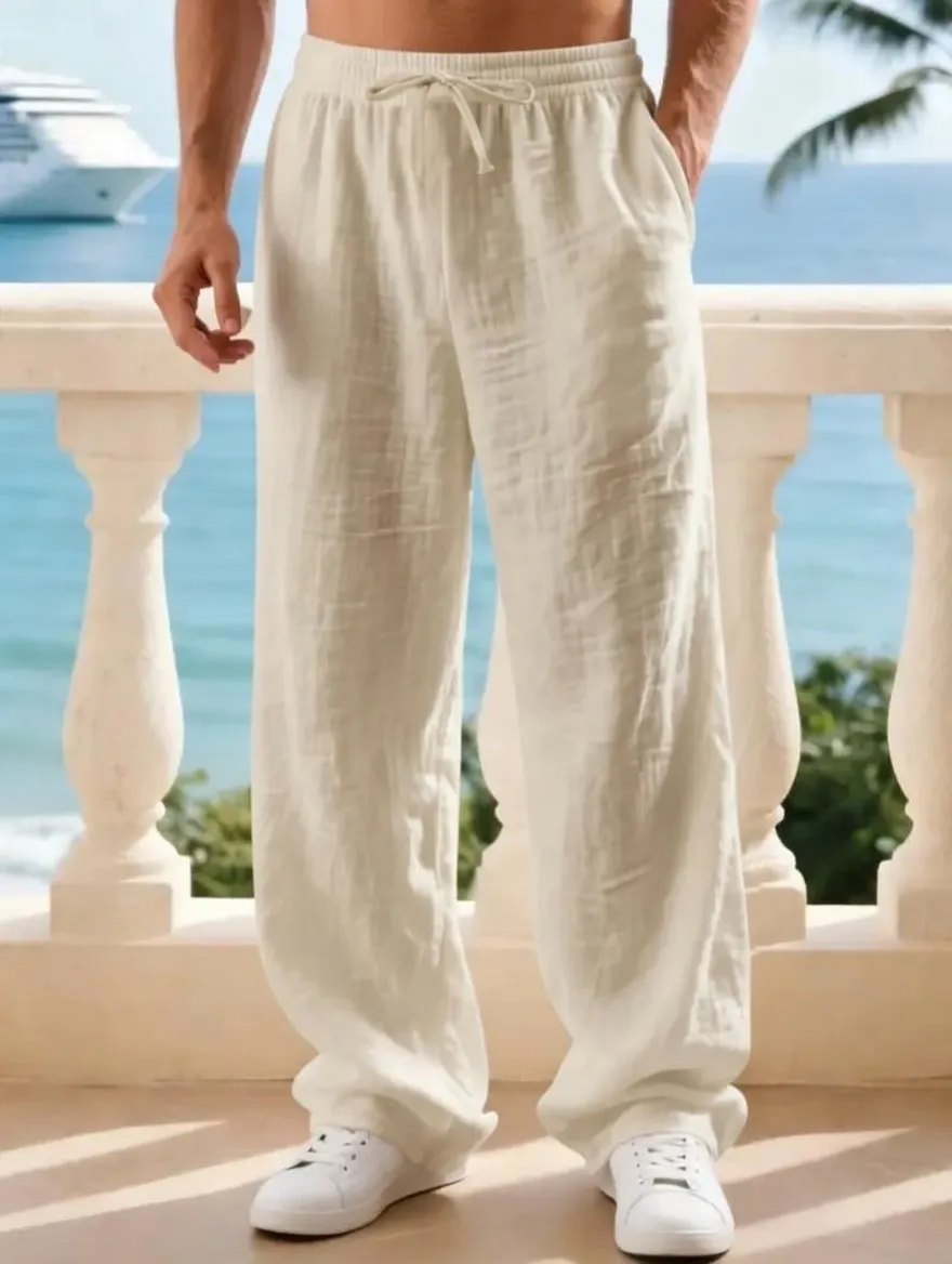 Men's classic linen casual straight-leg pants, breathable, comfortable, and stylish long pants