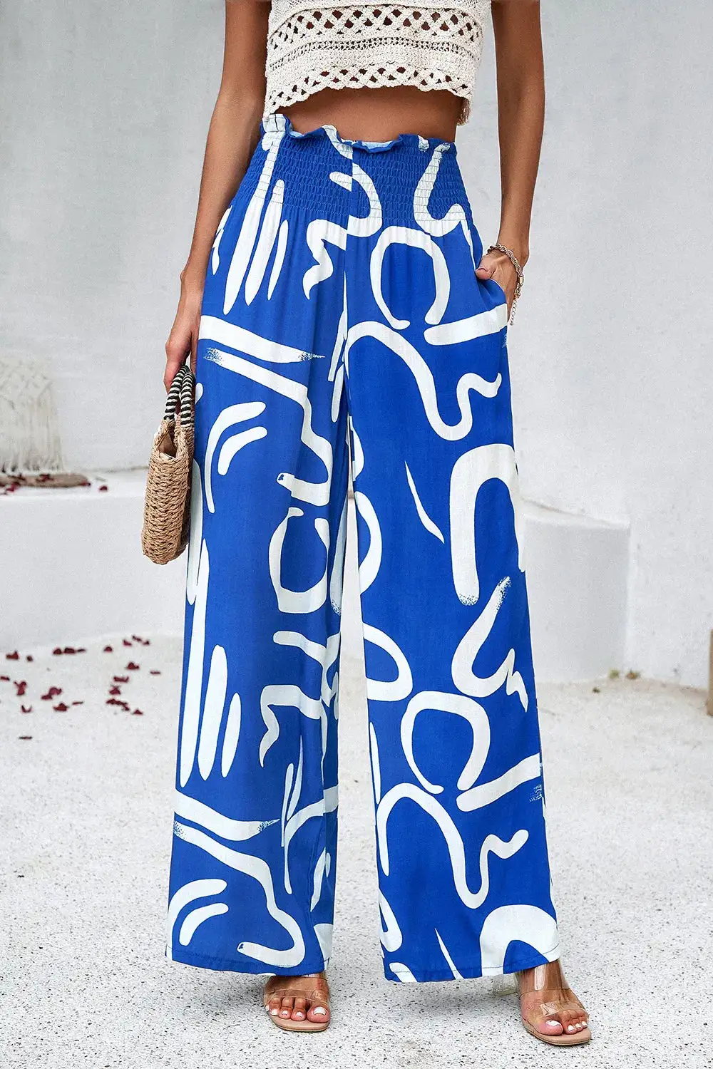 Textured Smocked Wide Leg Pants