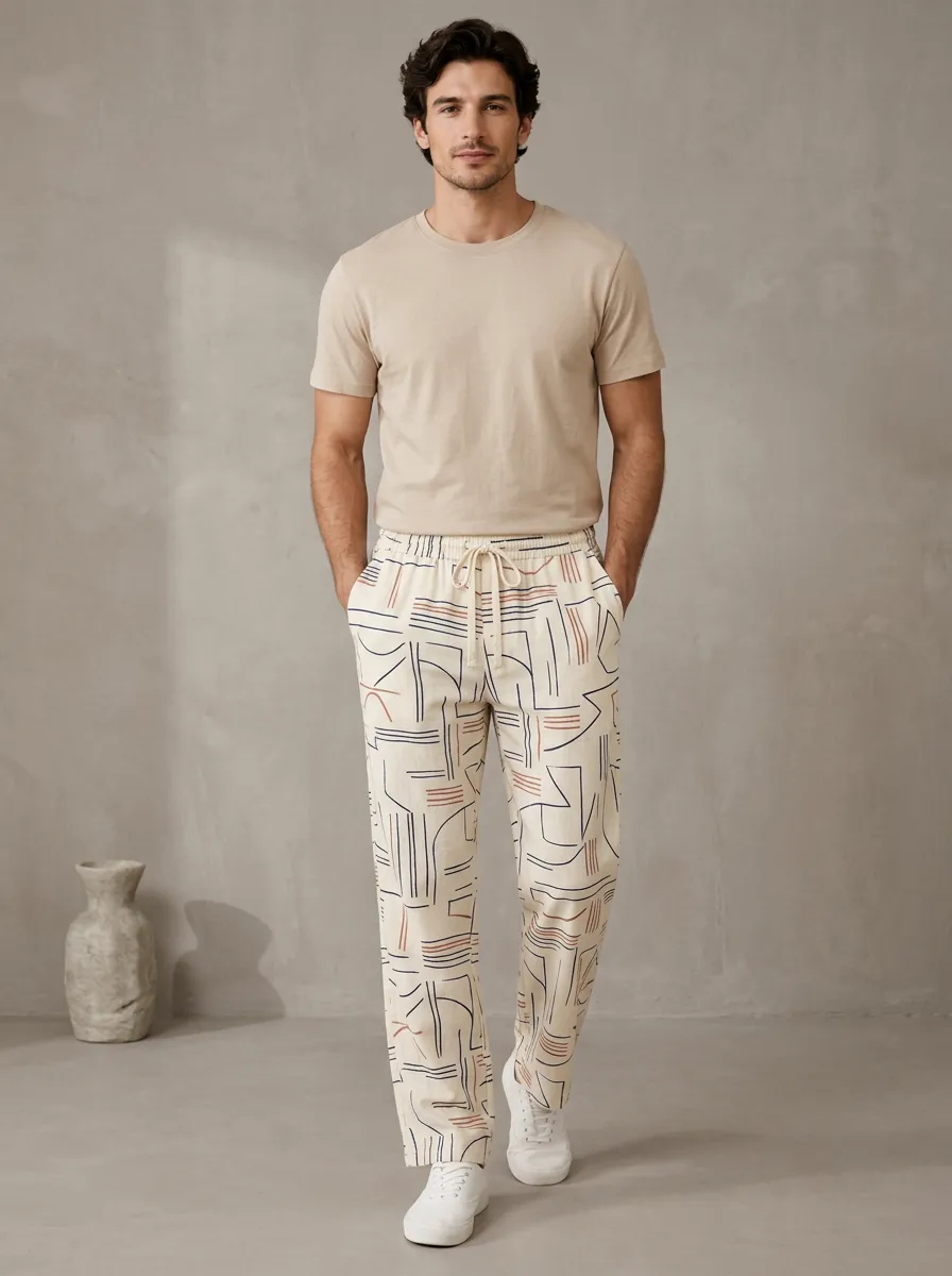 Men's Artful Geometric Abstract Line Art Printed Pants