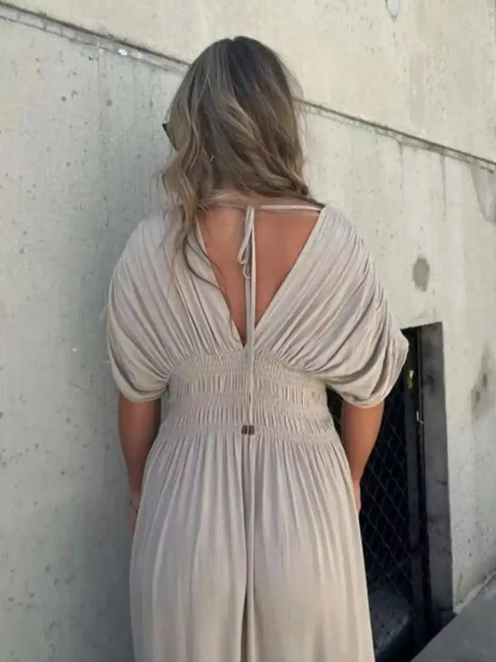 V Neck Smocked Slit Maxi Dress