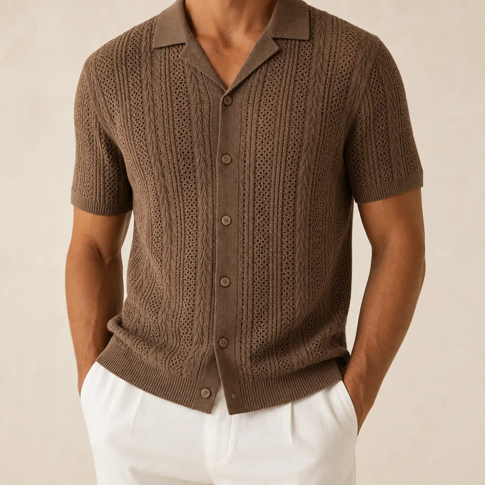 Men’s Open-Knit Short Sleeve Button-Up Shirt