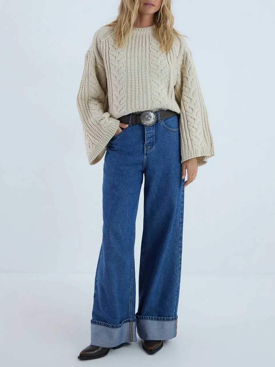 Cream Beige Argyle Print Cable Knit Sweater