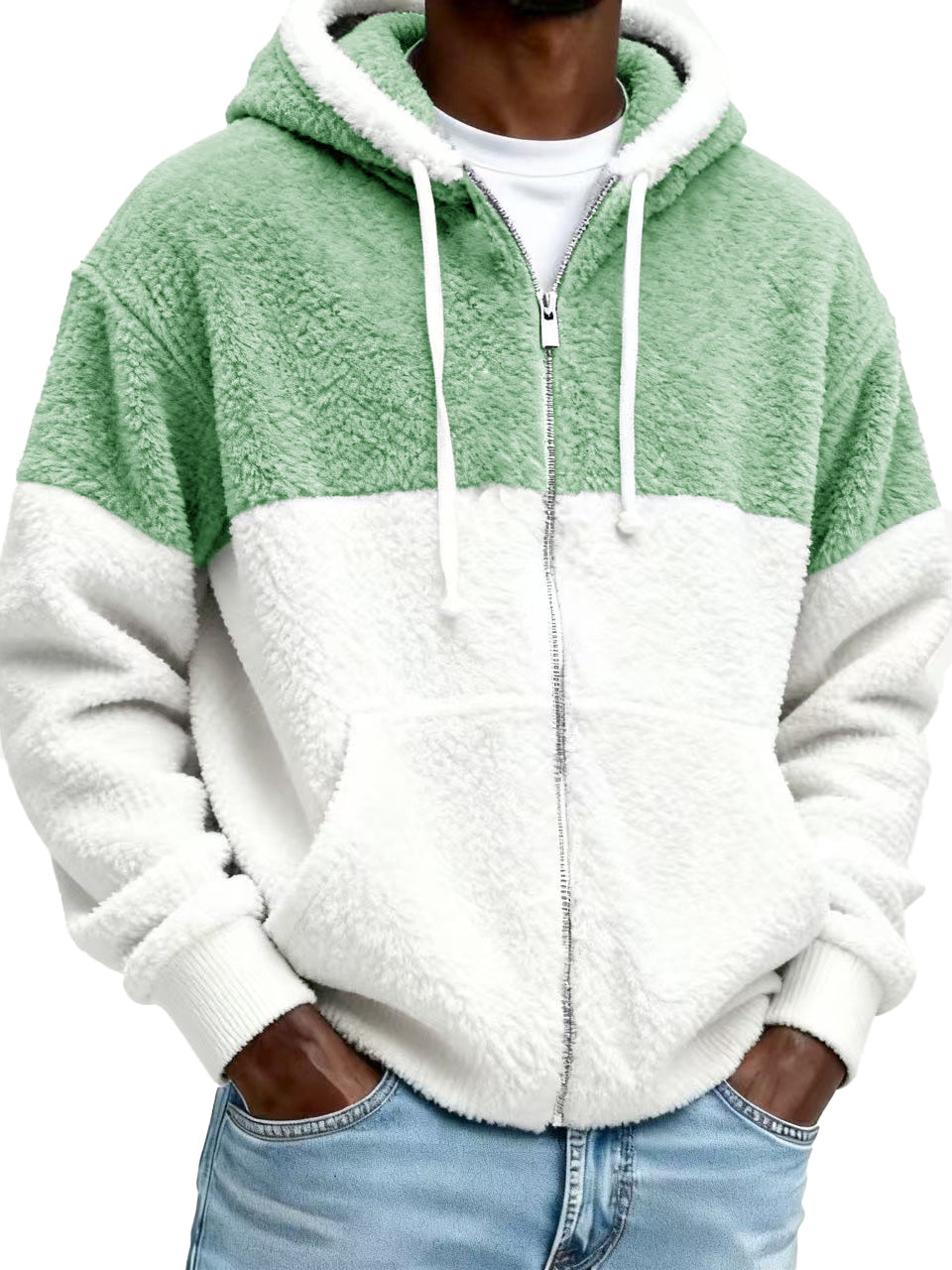 Men’s Stylish Casual Patchwork Plush Warm Long-sleeved Hooded Jacket