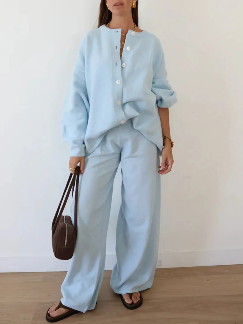 Casual Style Long Sleeve Knit Cardigan Blue