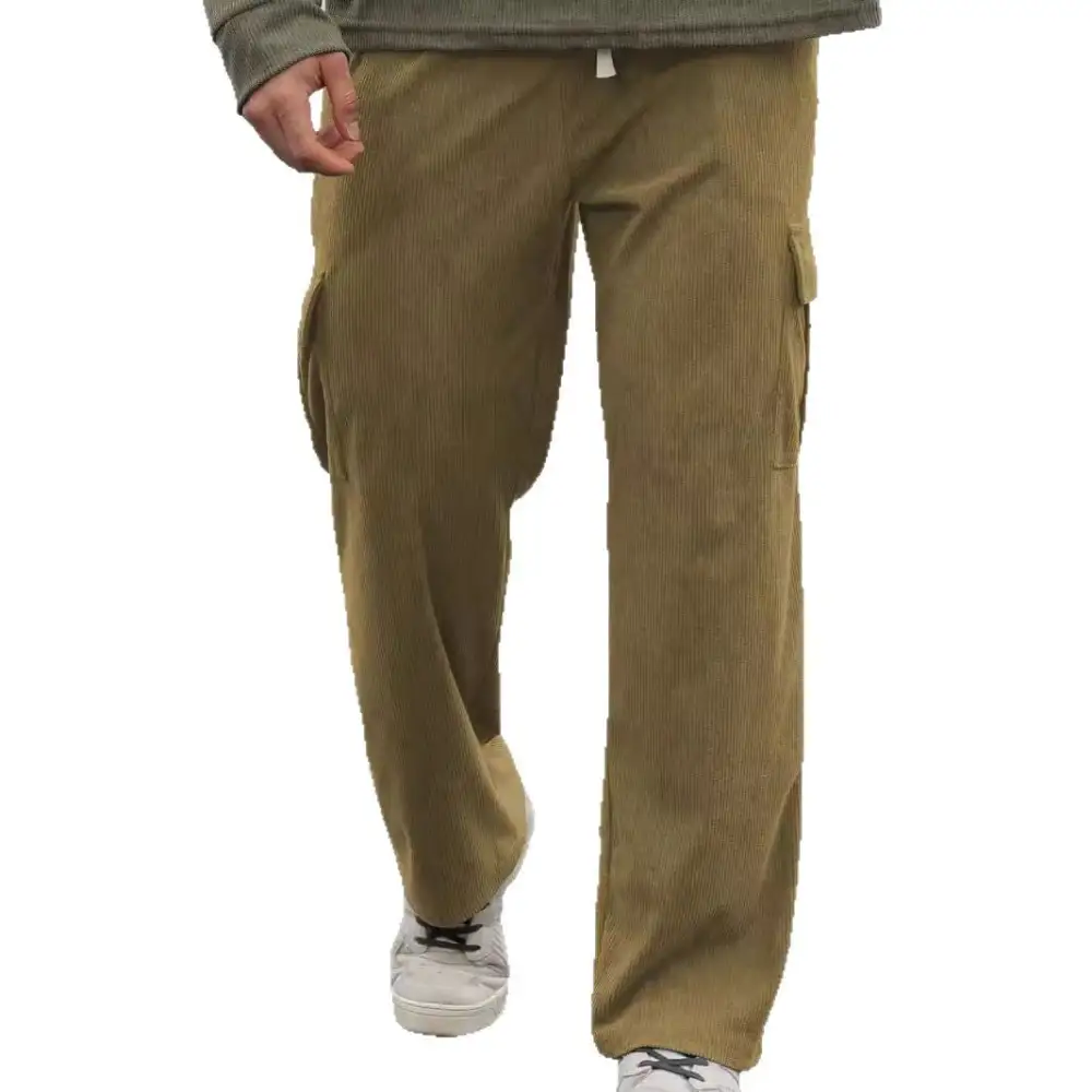 Men's Loose Wide Corduroy Cargo Pants Waistband Pockets