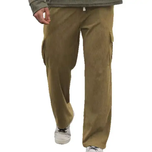 Men's Loose Wide Corduroy Cargo Pants Waistband Pockets