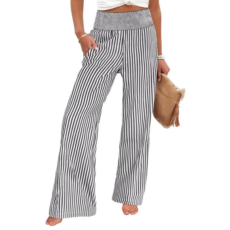 Women's High-Waisted Casual Striped And Checkered Wide-Leg Pants