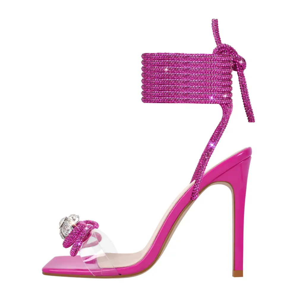 Square Toe Rhinestone Lace Up Stiletto Sandals