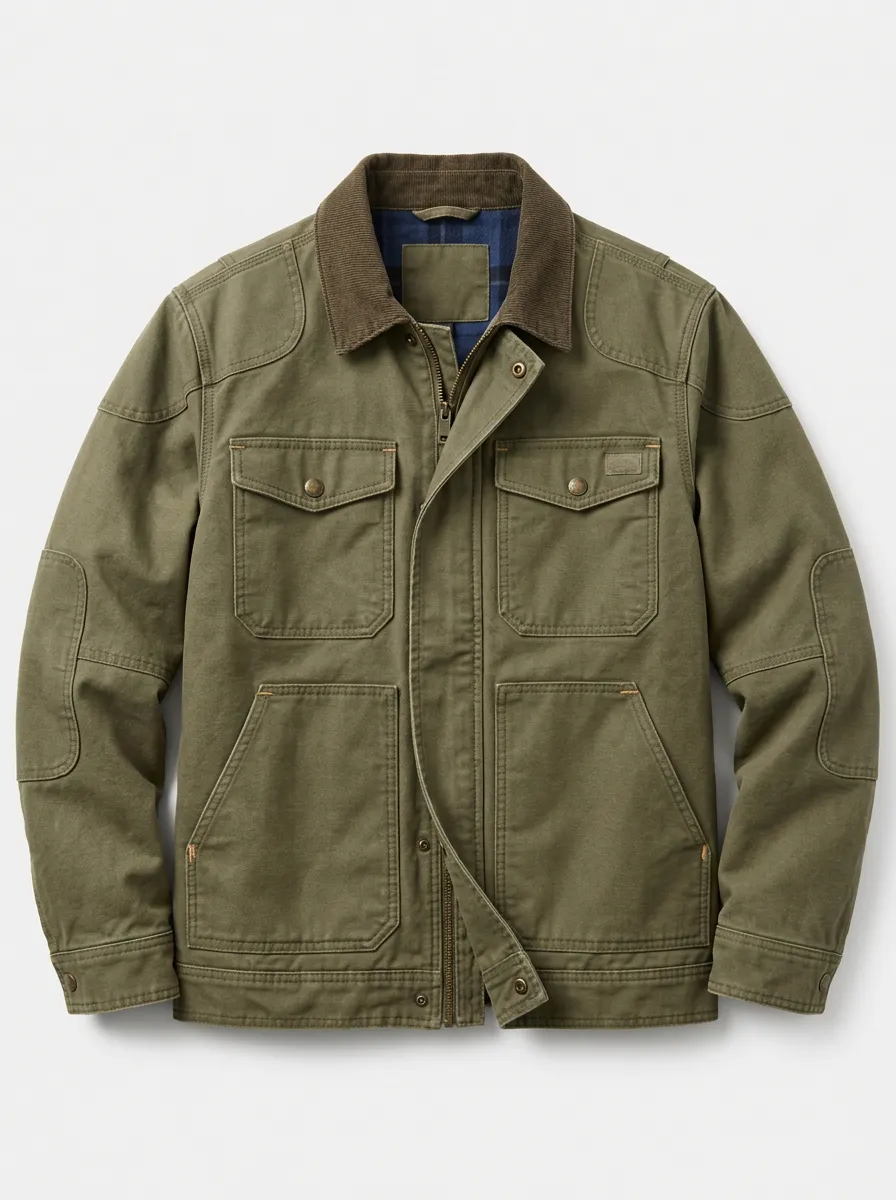 Men's Outdoor Utility Olive Green Corduroy Collar Canvas Jacket