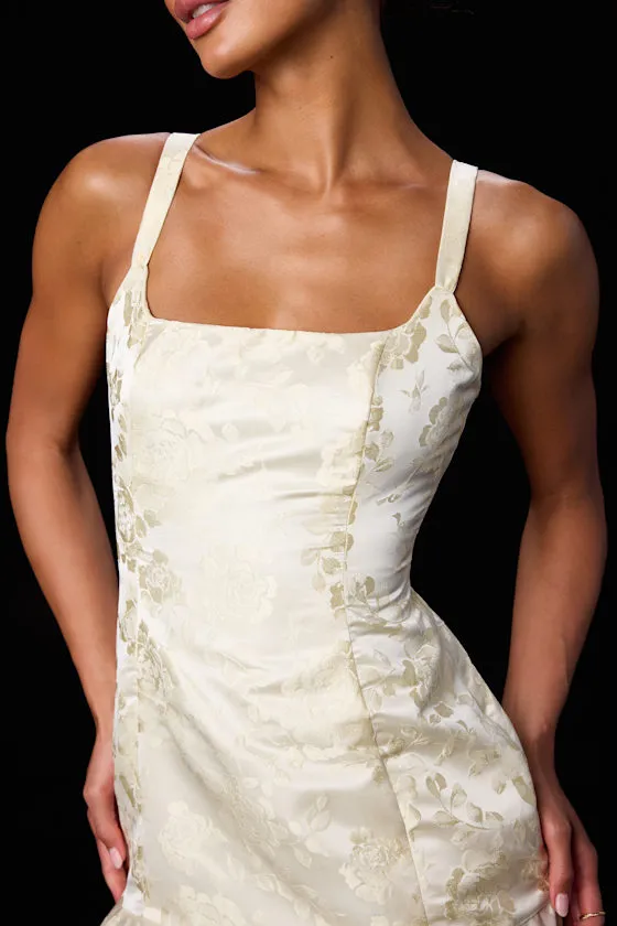 Jenner Pale Yellow Floral Jacquard Ruffled Mini Dress