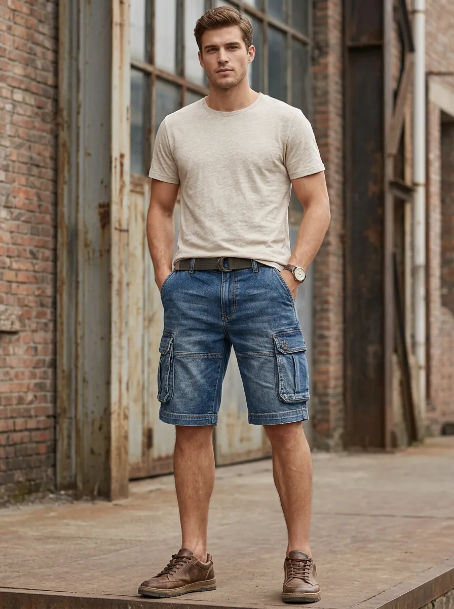 Men's Zip Fly Multi-Pocket Denim Cargo Shorts