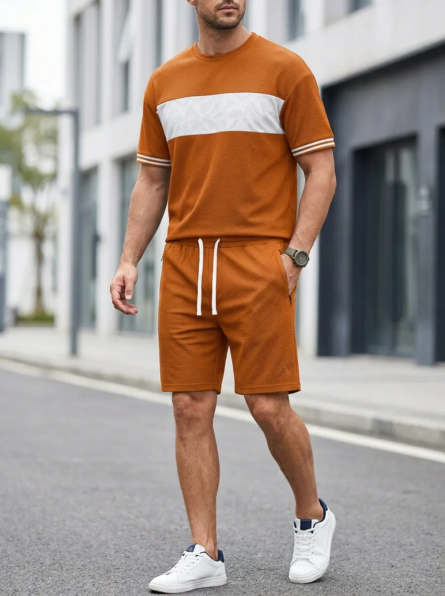Everyday Geometric Pattern Colorblock Detail Detail Men's T-Shirt And Shorts Set