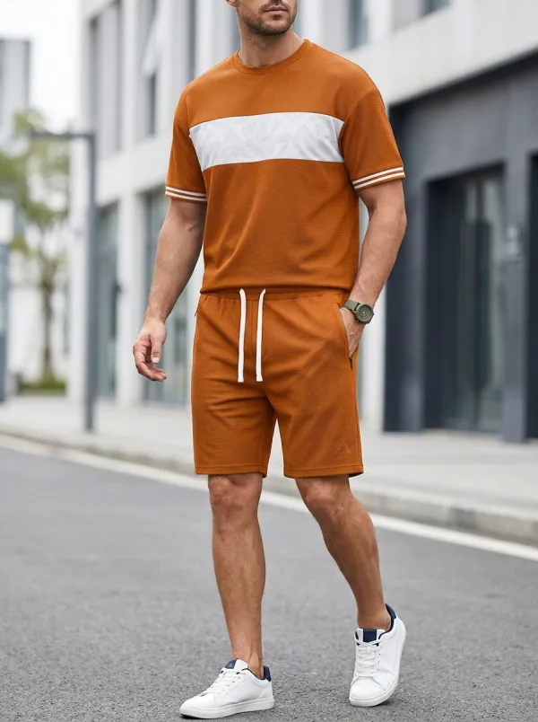 Everyday Geometric Pattern Colorblock Detail Detail Men's T-Shirt And Shorts Set