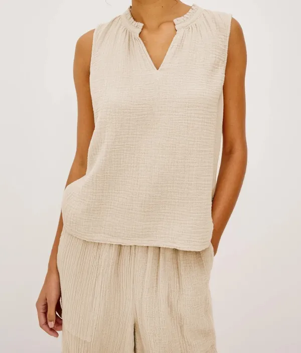 Sleeveless V Neck Textured Linen Blend Casual Top