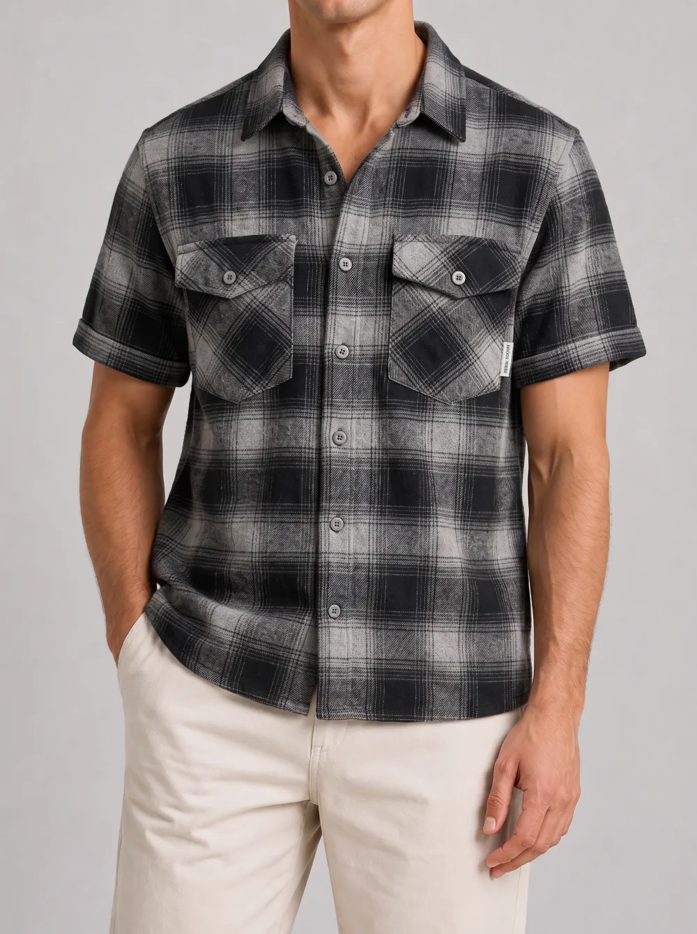 Men's Casual Grey Black Plaid Patterned Short Sleeve Shirt