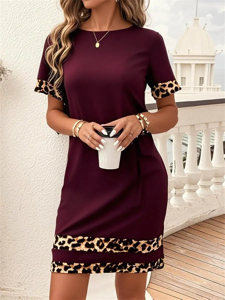 Bodycon Relaxed Contrast Color Leopard Split Joint Round Neck Mini Dress