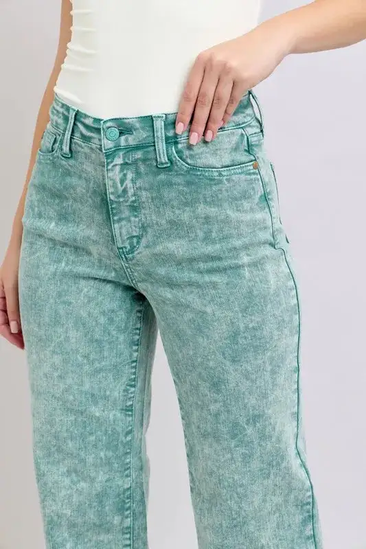 High-Waist Relaxed Raw-Hem Washed Straight Leg Jeans