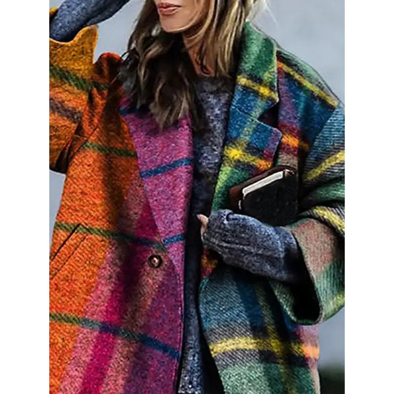 Lapel Plaid Contrast-Panel Wool-Blend Relaxed Outerwear Coat