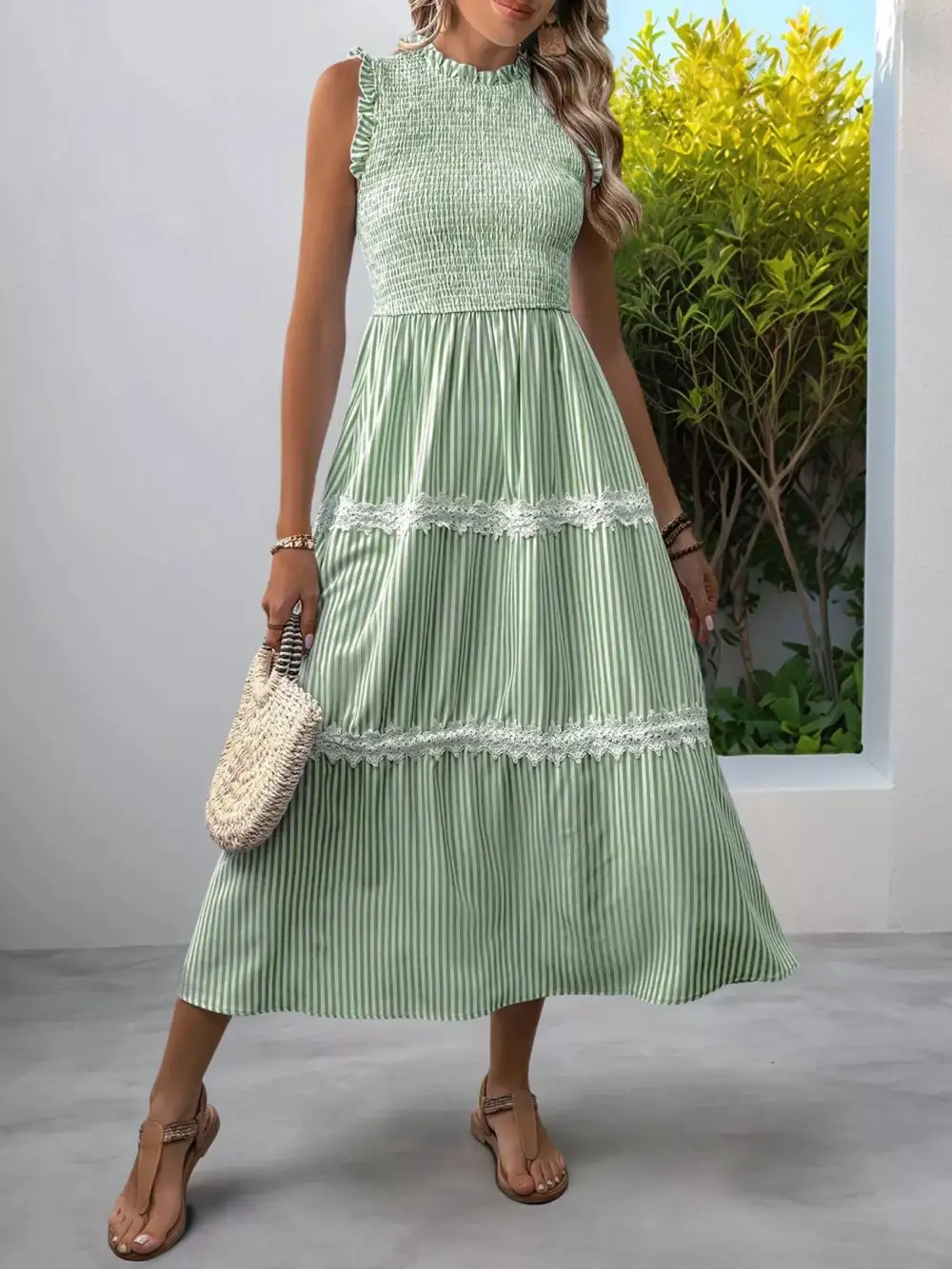 Gathered Detail Striped Lace Smocked Midi Dress