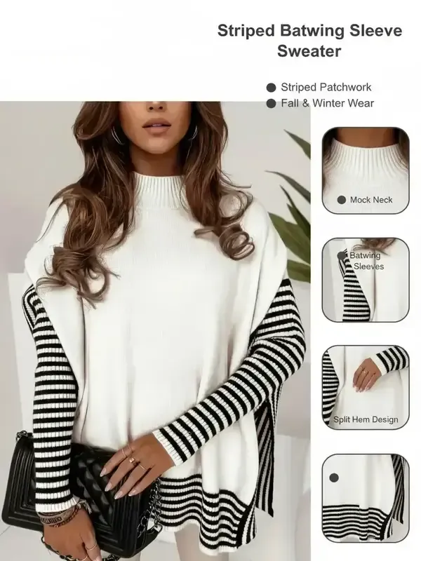 Women's Striped Patchwork Print Batwing Sleeve Split Hem Sweater