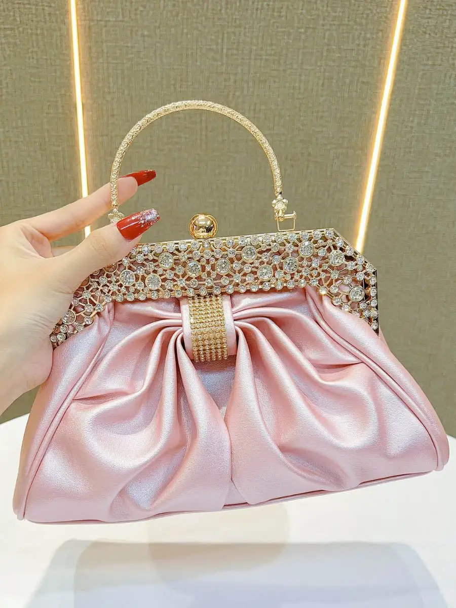 Pleated Chain Rhinestone Panel Clutch Bag