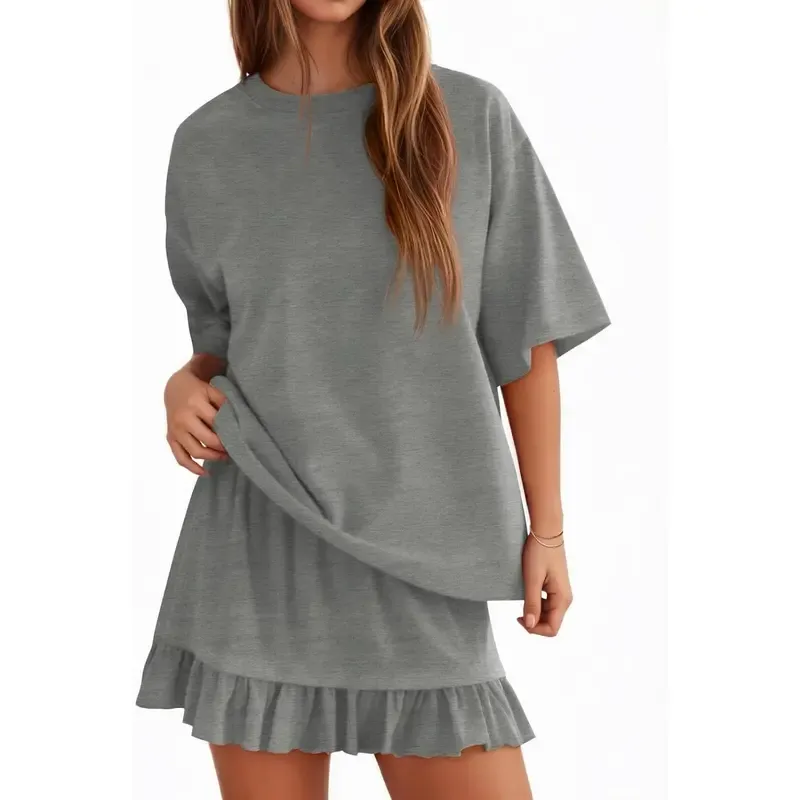 Women's Oversized Ruffle Hem Short Sleeve Set