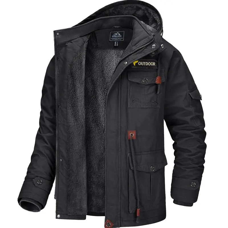 Men's Winter Coat Jacket Fleece Lined Parka Cotton Cargo Jacket Menswear Tops Long Sleeve Warm Thermal Hoodie