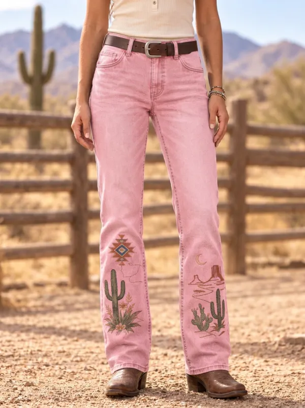 Women's Western Desert Cactus Moon Printed Jeans