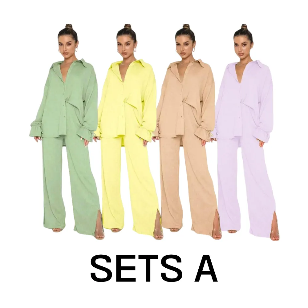 Women's Button-Front Shirt & Split-Hem Pants Set - Flounce Sleeve Top & Wide-Leg Trousers