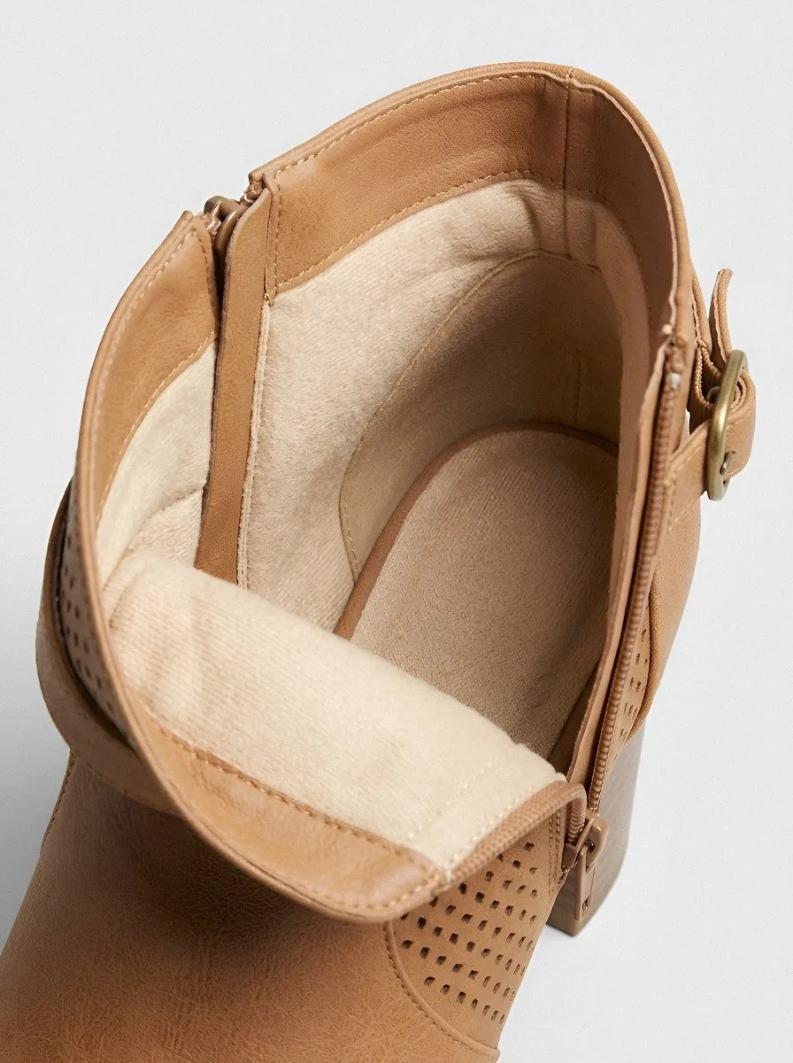Laser-Cut Buckle-Strap Buckle-Detail Women's Peep-Toe Ankle Boots