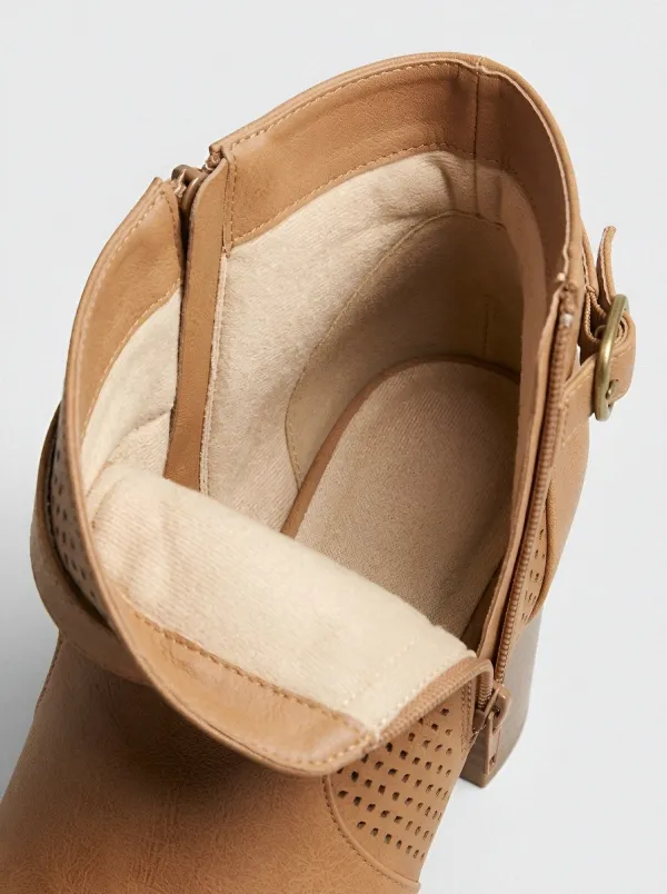 Laser-Cut Buckle-Strap Buckle-Detail Women's Peep-Toe Ankle Boots