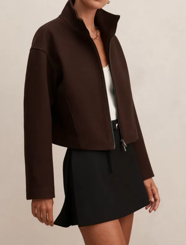 Espresso Brown Cropped Funnel Neck Zip-Up Jacket