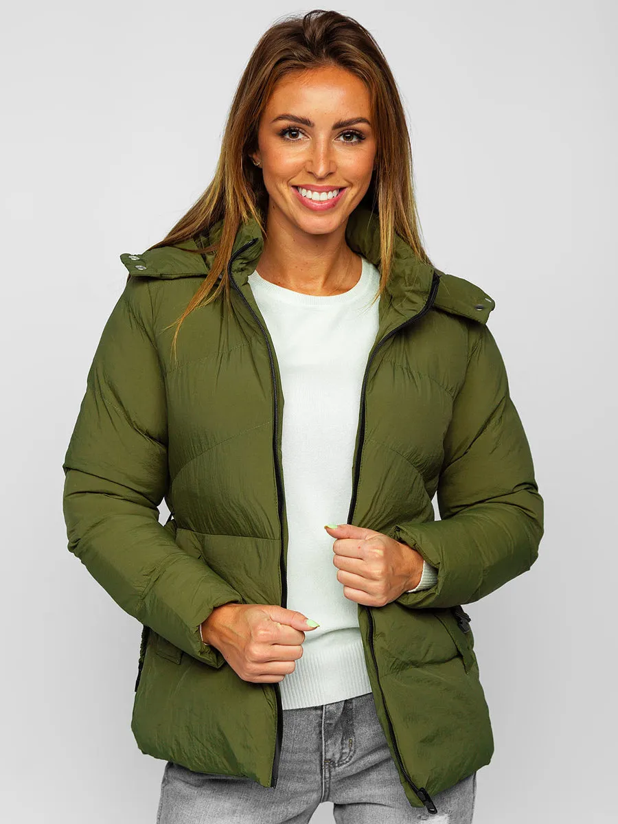 Khaki women's quilted winter jacket with hood