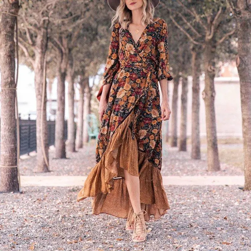 Floral Vintage Irregular Maxi Wrap Dress