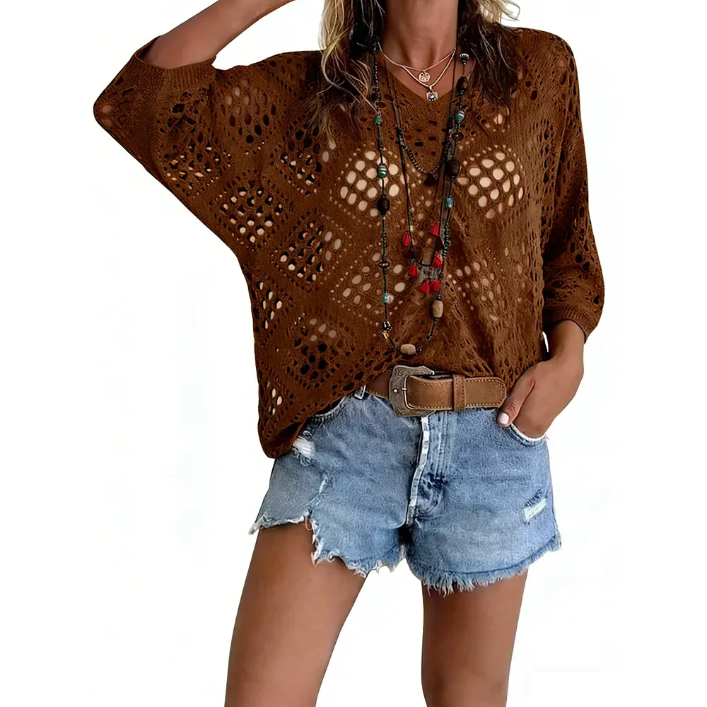 Women's Bohemian-Inspired Beige Crochet Top with V-Neck