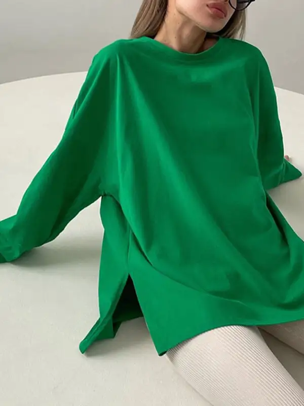 High Low Long Sleeve Panel Detail Side Slit Round Neck T-Shirt