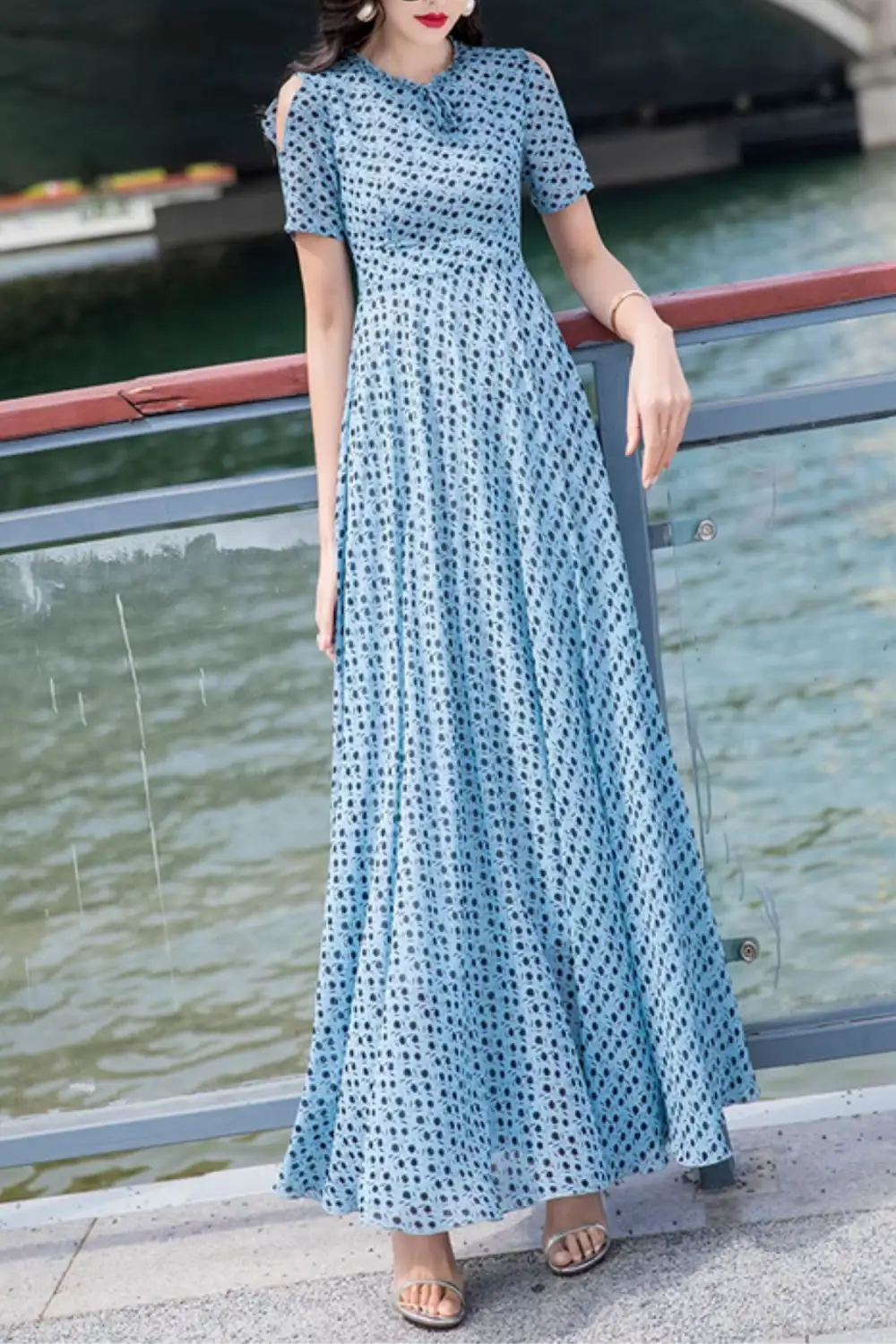 Refined Polka Dot Chiffon Short Sleeve Maxi Dress