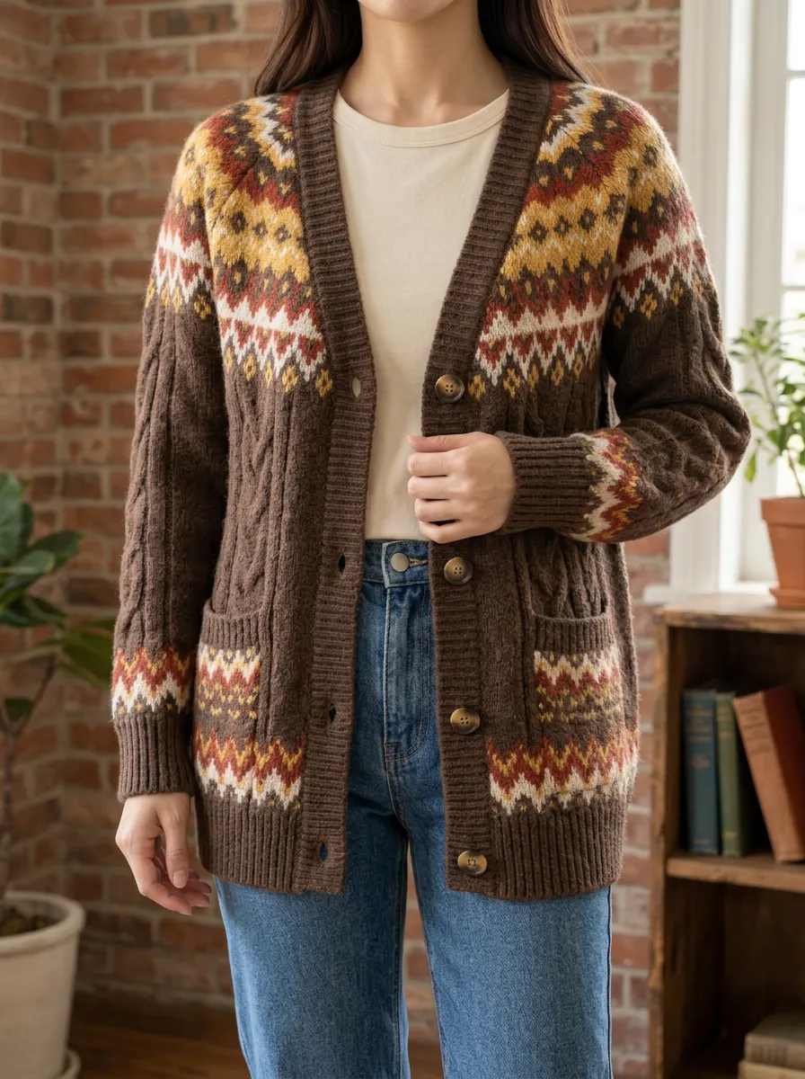 Women's Vintage Style Fair Isle Pattern Printed Ribbed Trim Everyday Layering Cardigan